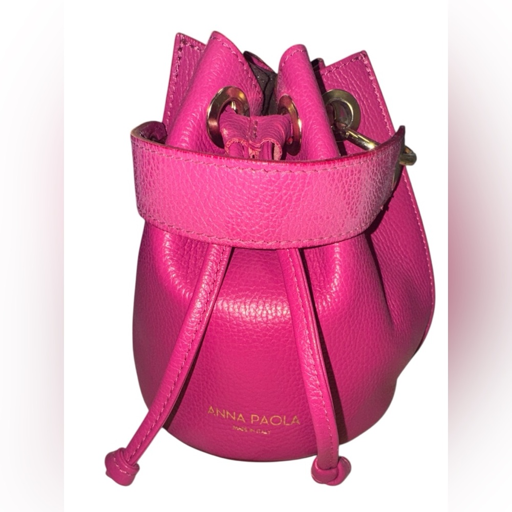 Small Bright Hot Pink Leather Anna Paola Bucket Bag Purse Drawstring Closure